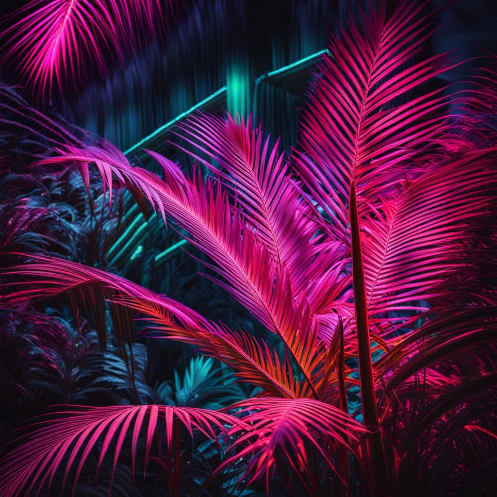 Glowing Neon Palm Leaves in Tropical Oasis