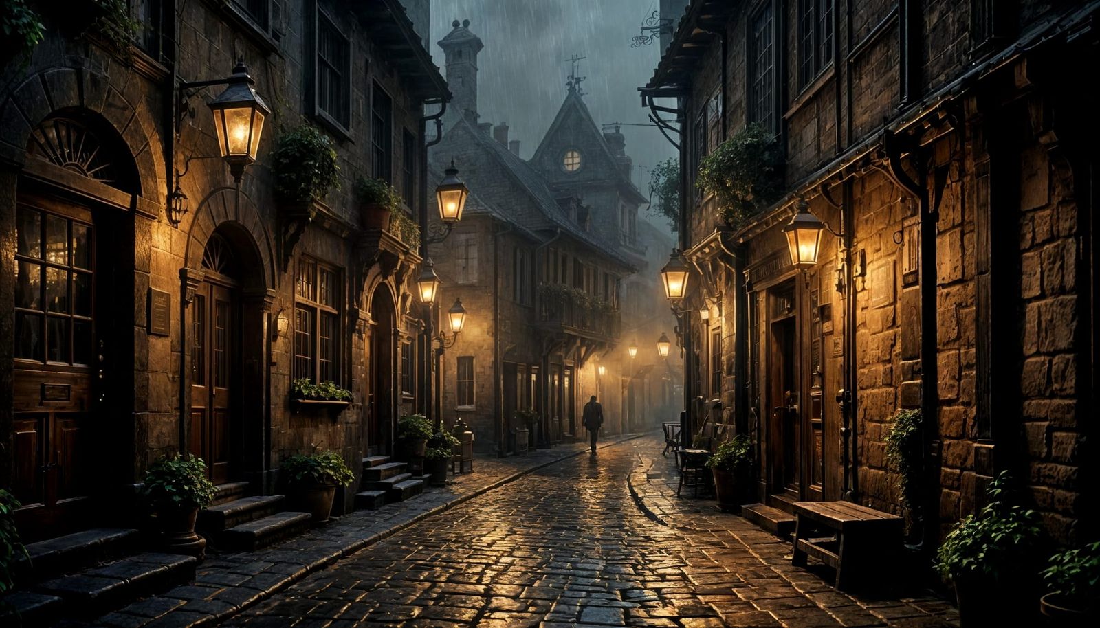 Medieval Alleyway at Night with Lanterns and Shadows