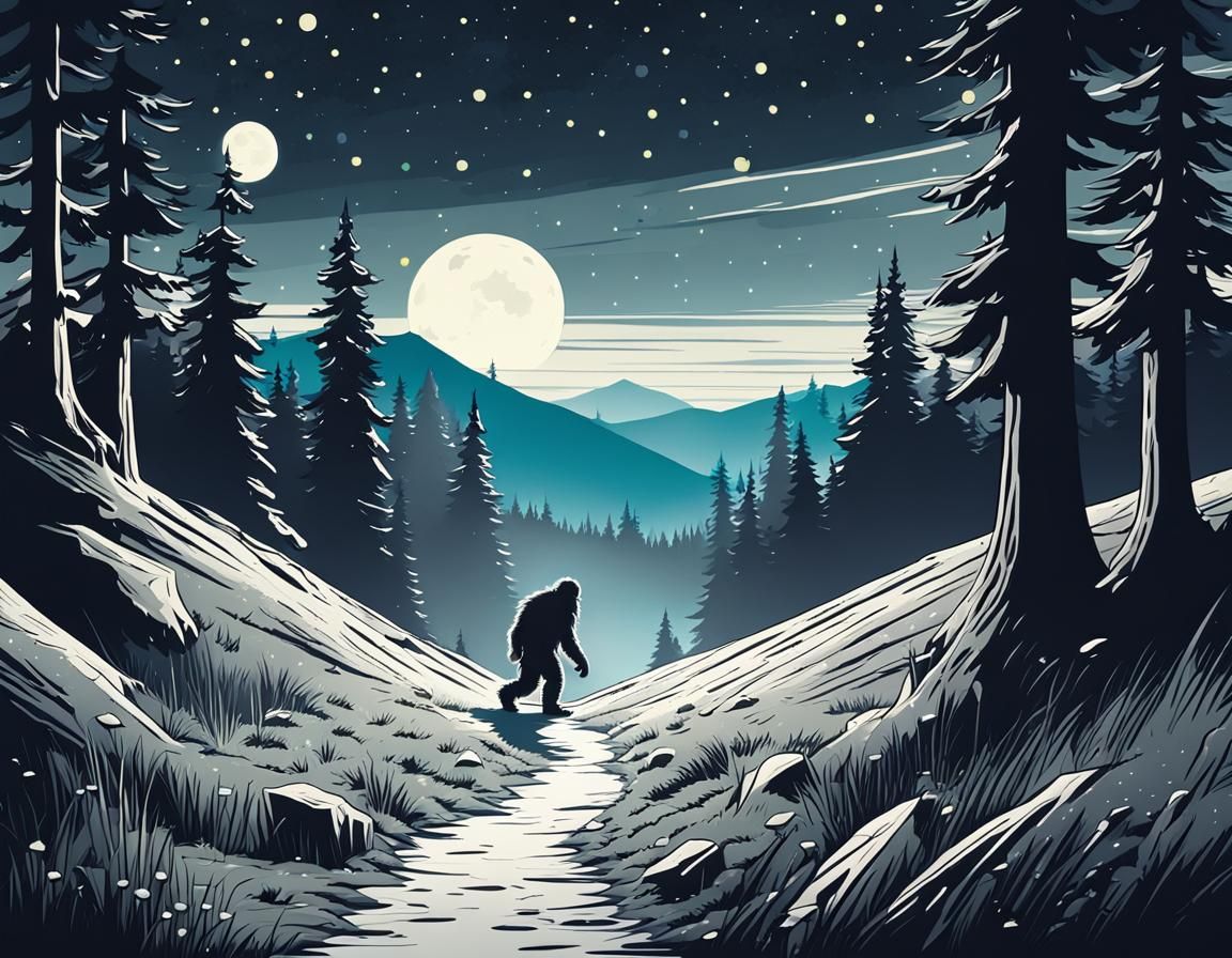 Sasquatch in Starry Forest: Comic Art Illustration