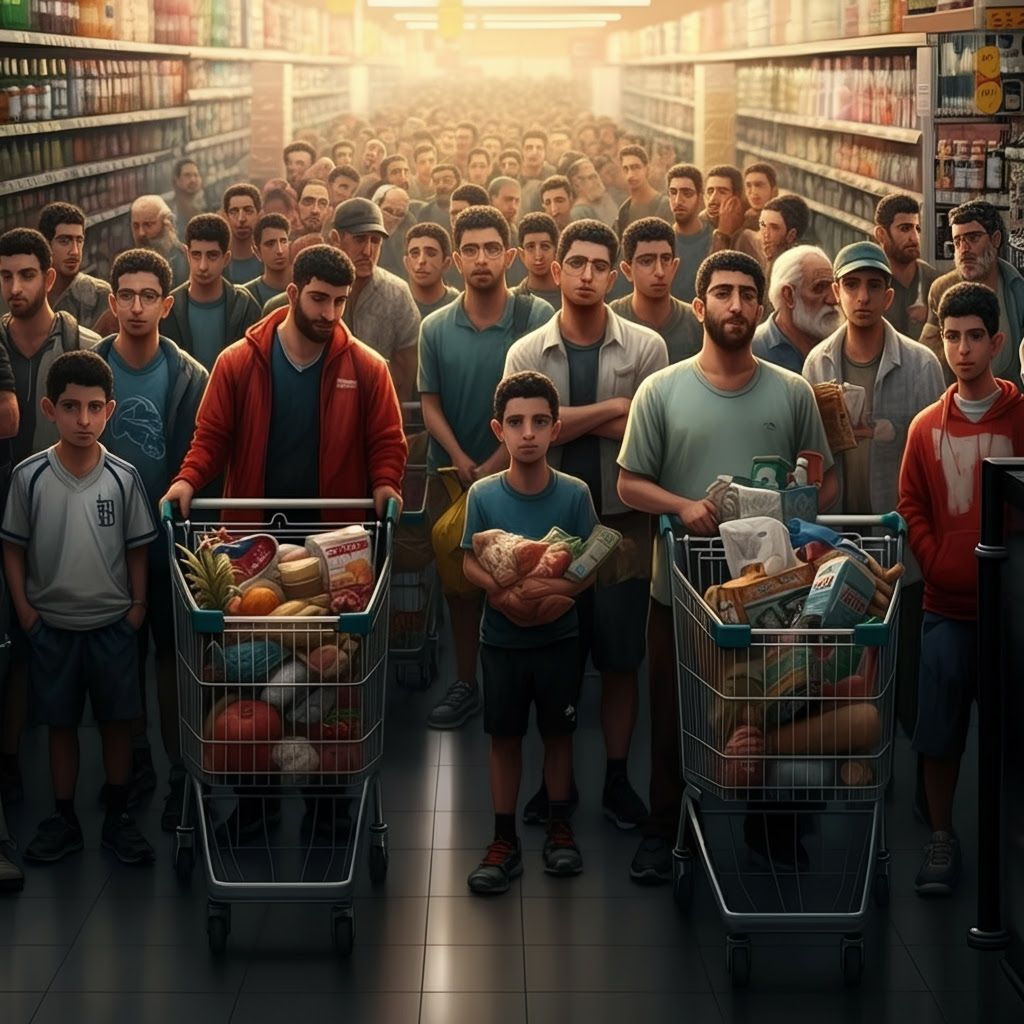 Realistic Digital Painting of Crowded Israeli Supermarket Qu...