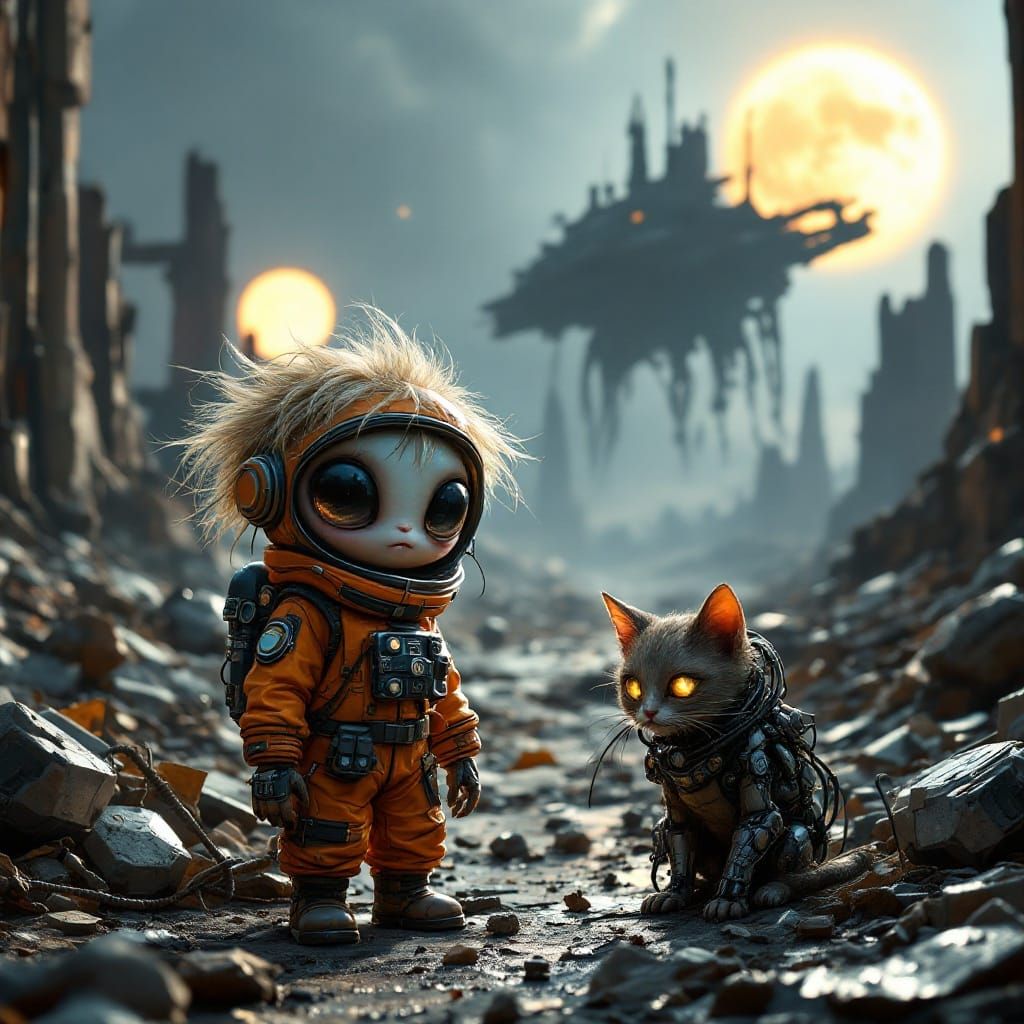 Chibi Alien and Cyborg Cat Explore Ancient Spaceport Ruins i...