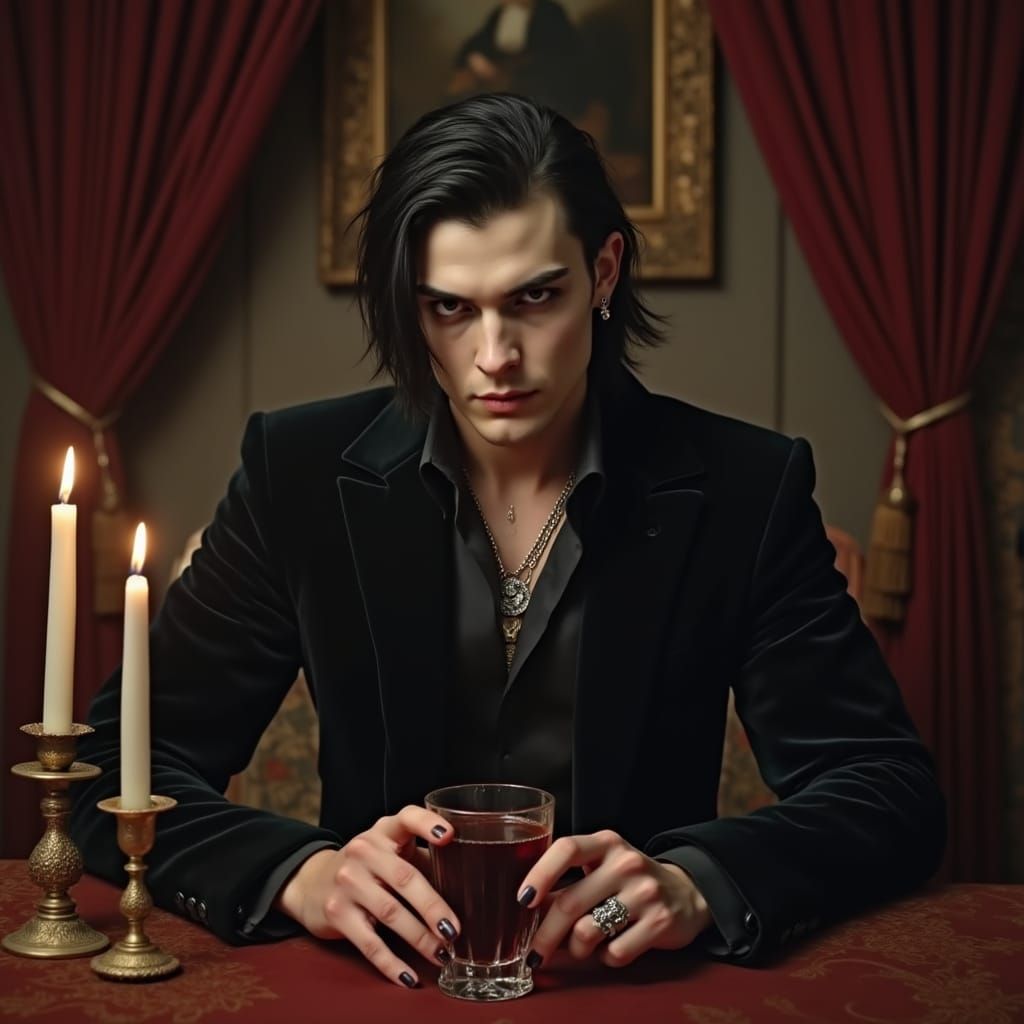 Gothic Man with Dark Drink in Baroque Style