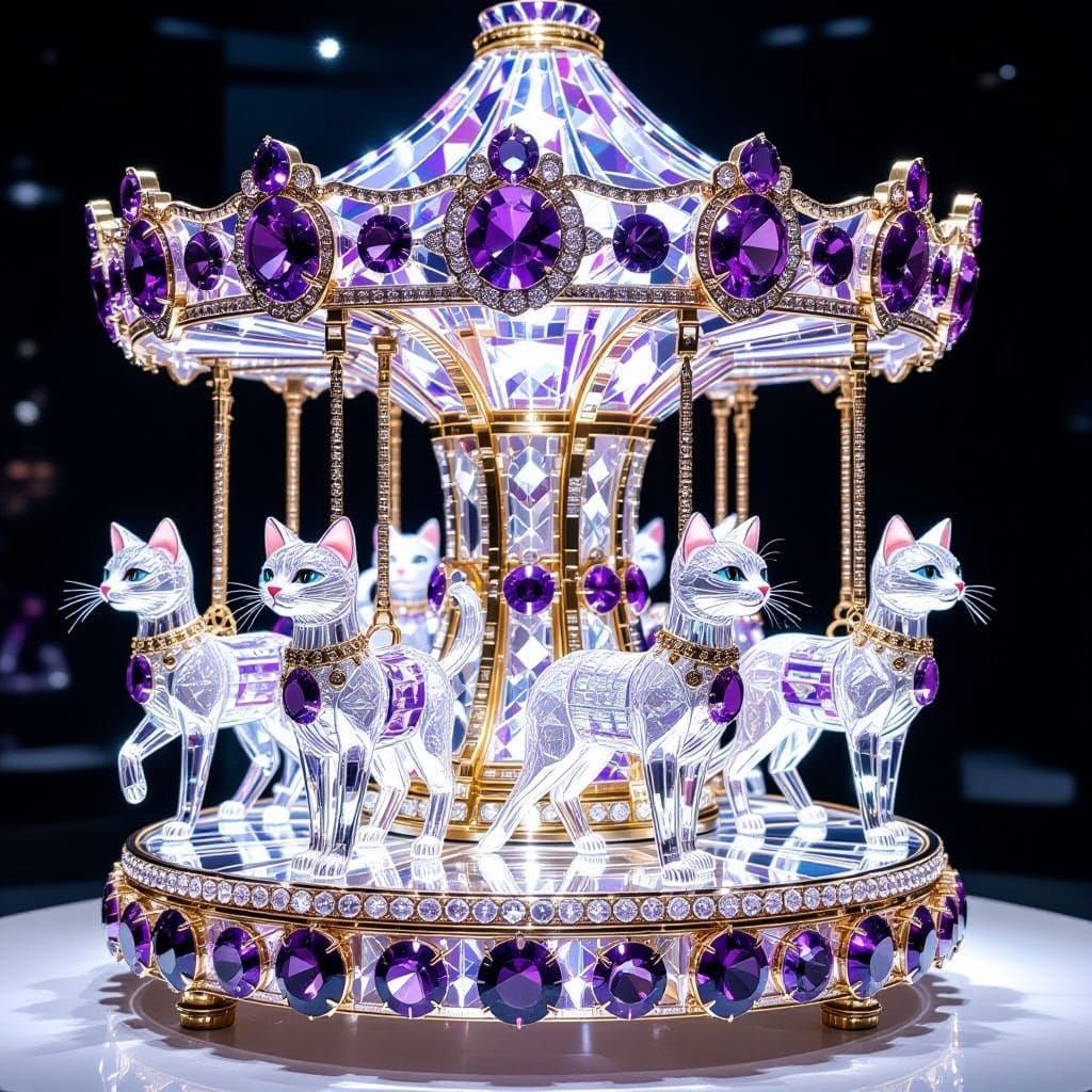 Crystal Carousel With Walking Cats Made Of Swarovski And Ame...