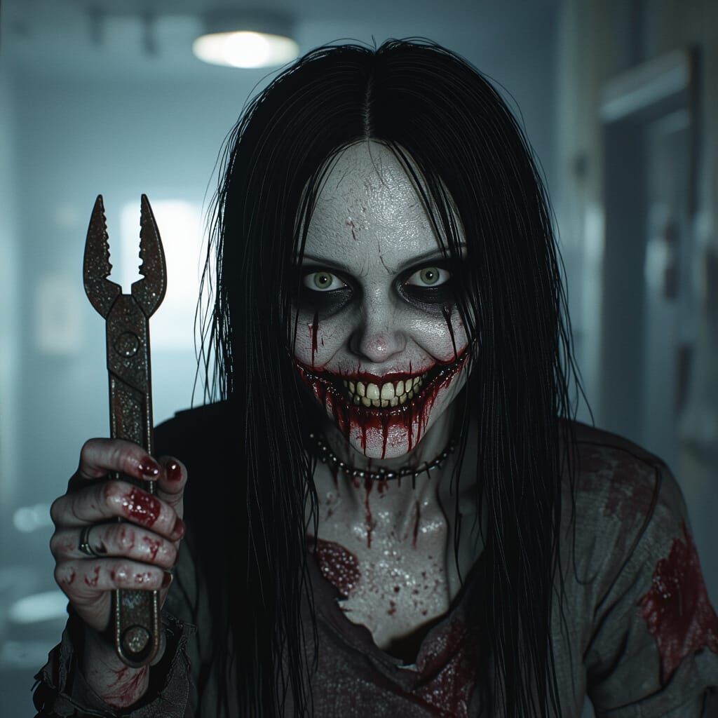 Creepy Woman With Stitched Smile and Bloody Clothes