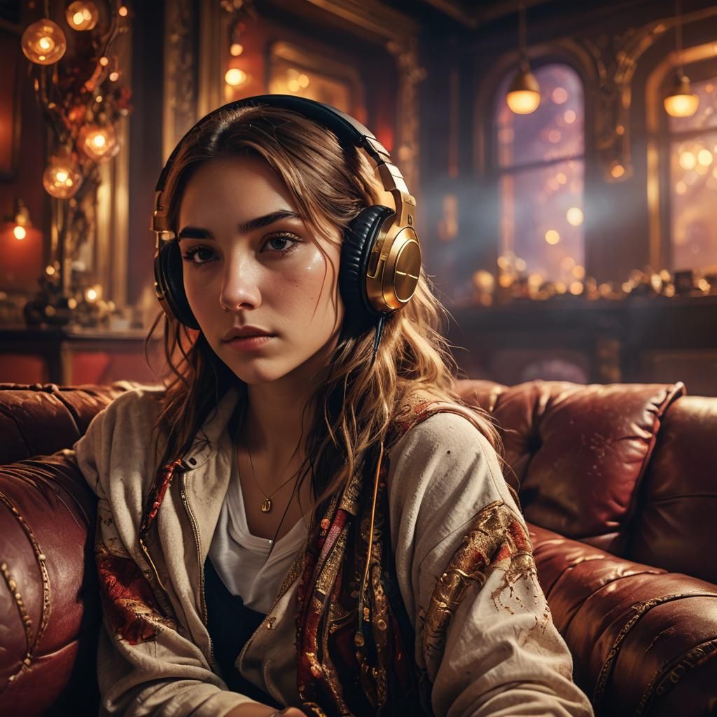 Pensive Girl with Headphones in Atmospheric Digital Painting