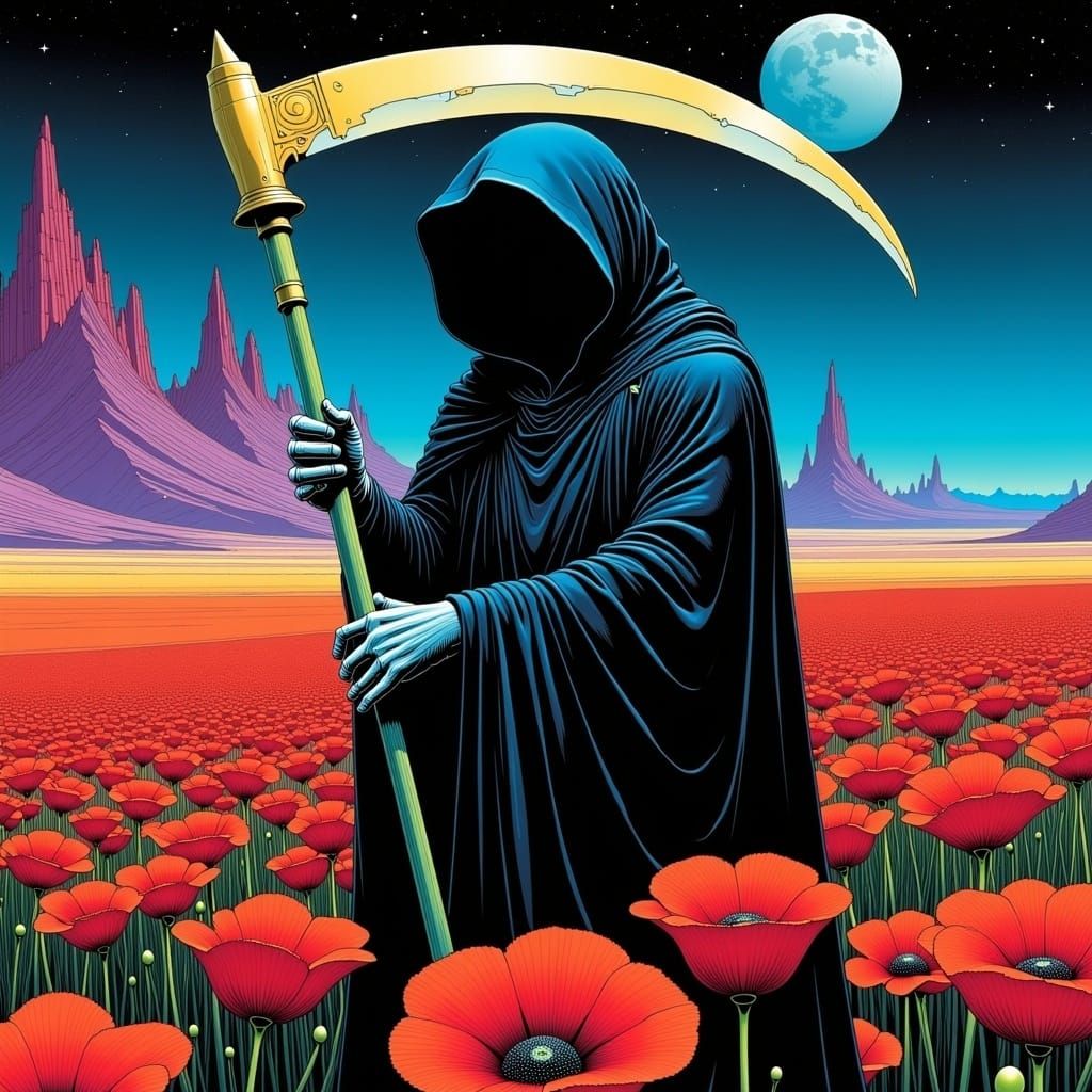 <lora:Psyficticiae:1.0> The Grim Reaper in a field of poppies. Psychedelic poster, fractal patterns, occultism, funk art...