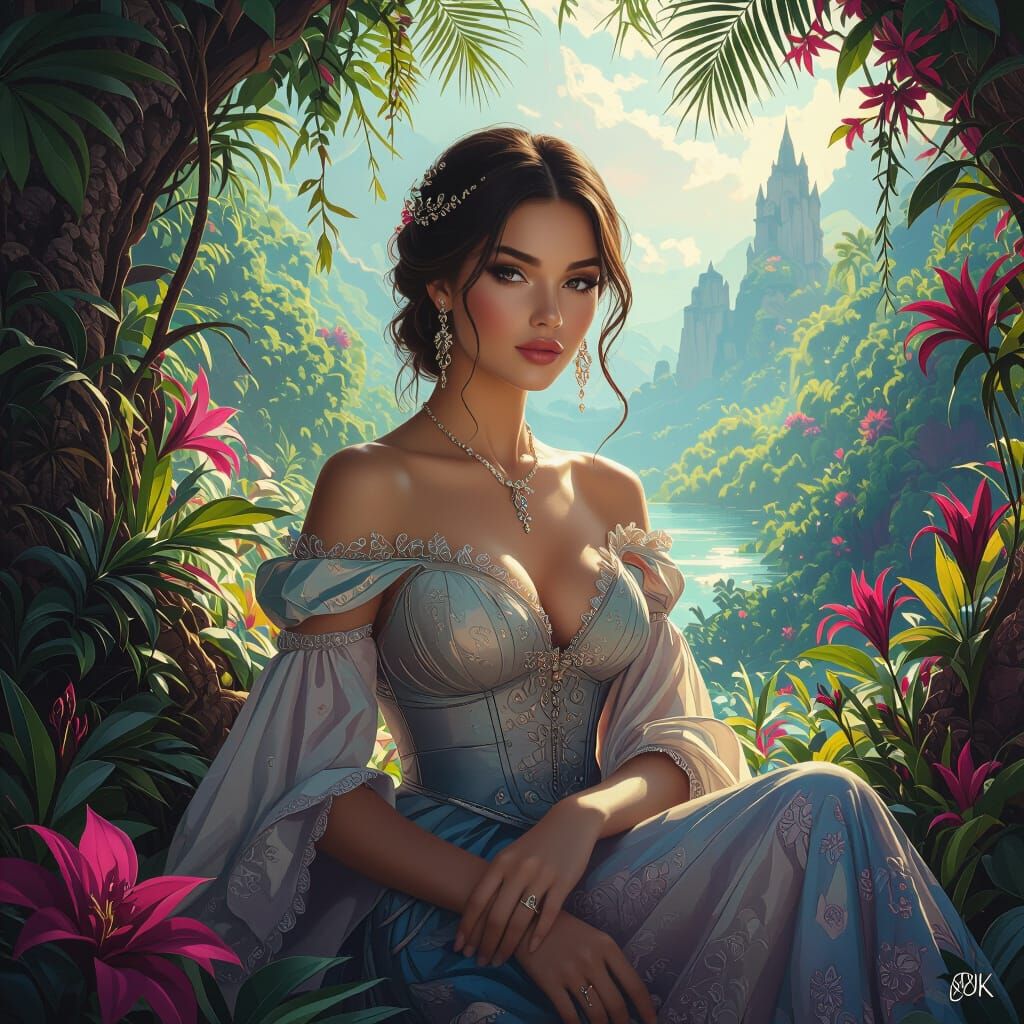 Elegant Woman in Lush Fantasy Landscape Painting