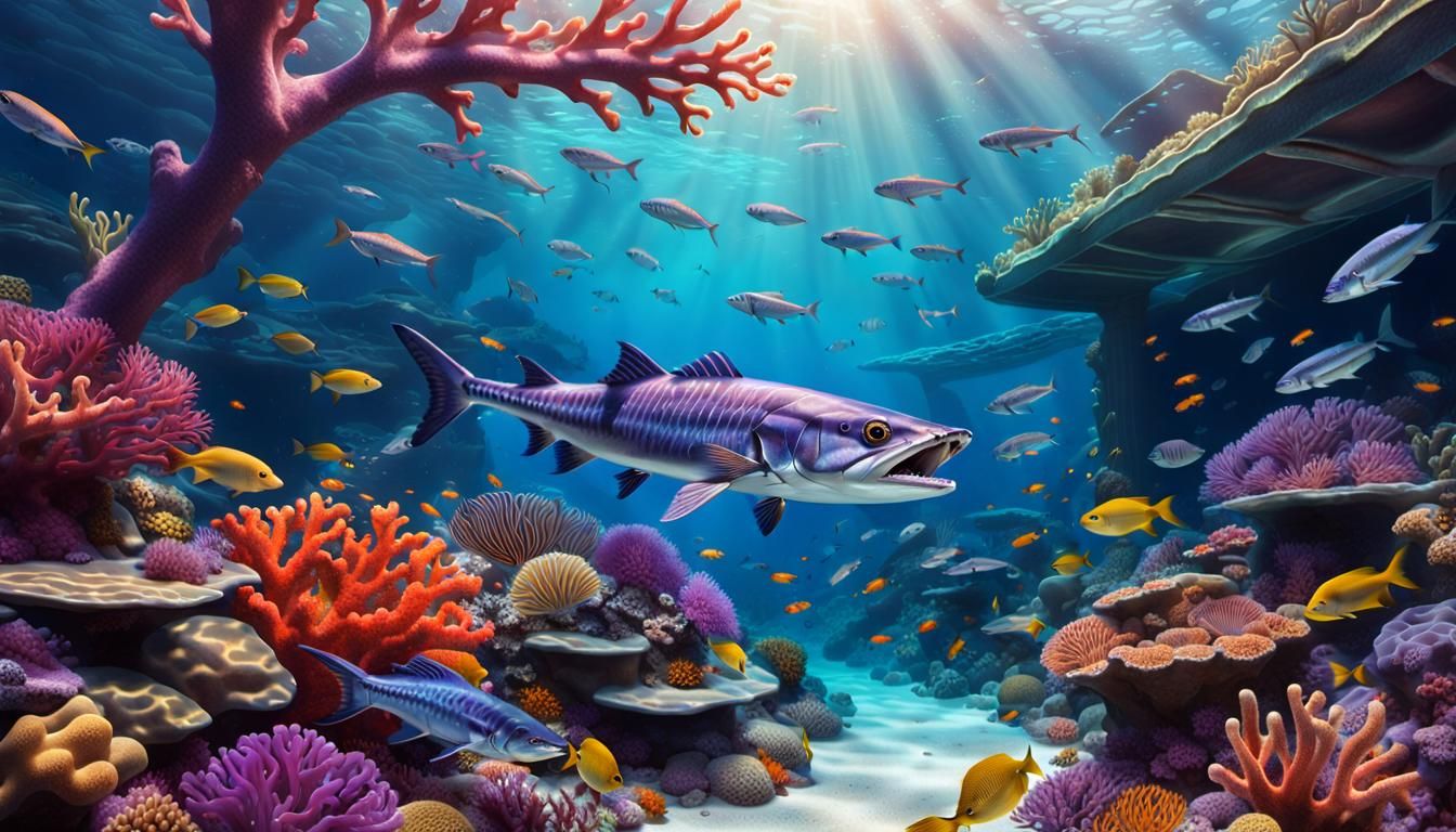 Purple Barracuda in Hyperrealistic Coral Reef Scene