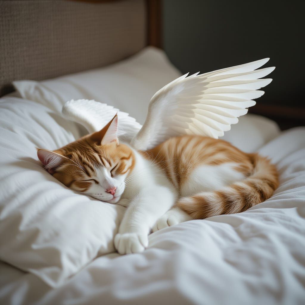 Winged Cat Sleeping Peacefully, Cinematic Film Still
