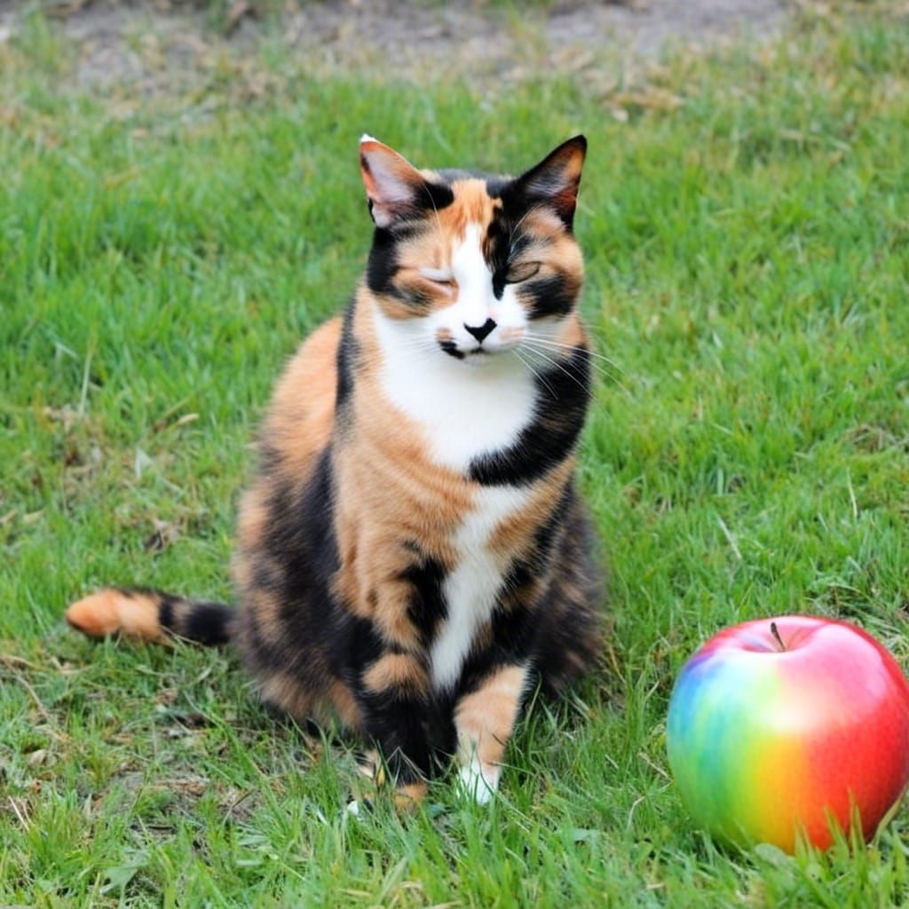 Cat Playing with Rainbow Apple on Lawn