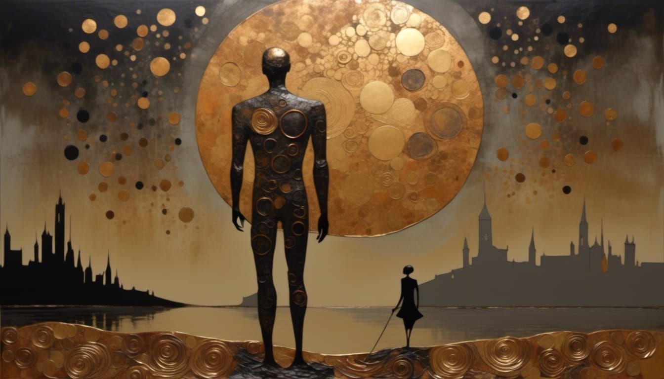 Colossal Metallic Figure with Copper Moon
