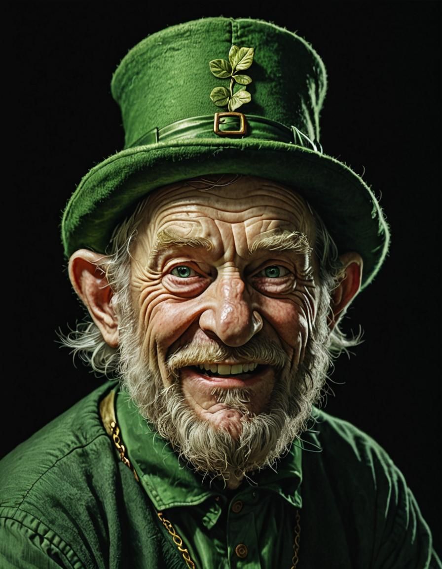 A mischievous leprechaun with wrinkled facial features