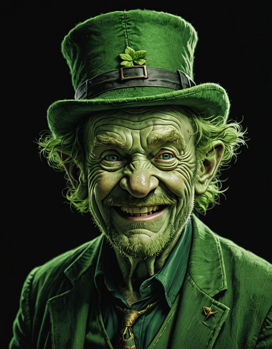 A mischievous leprechaun with wrinkled facial features