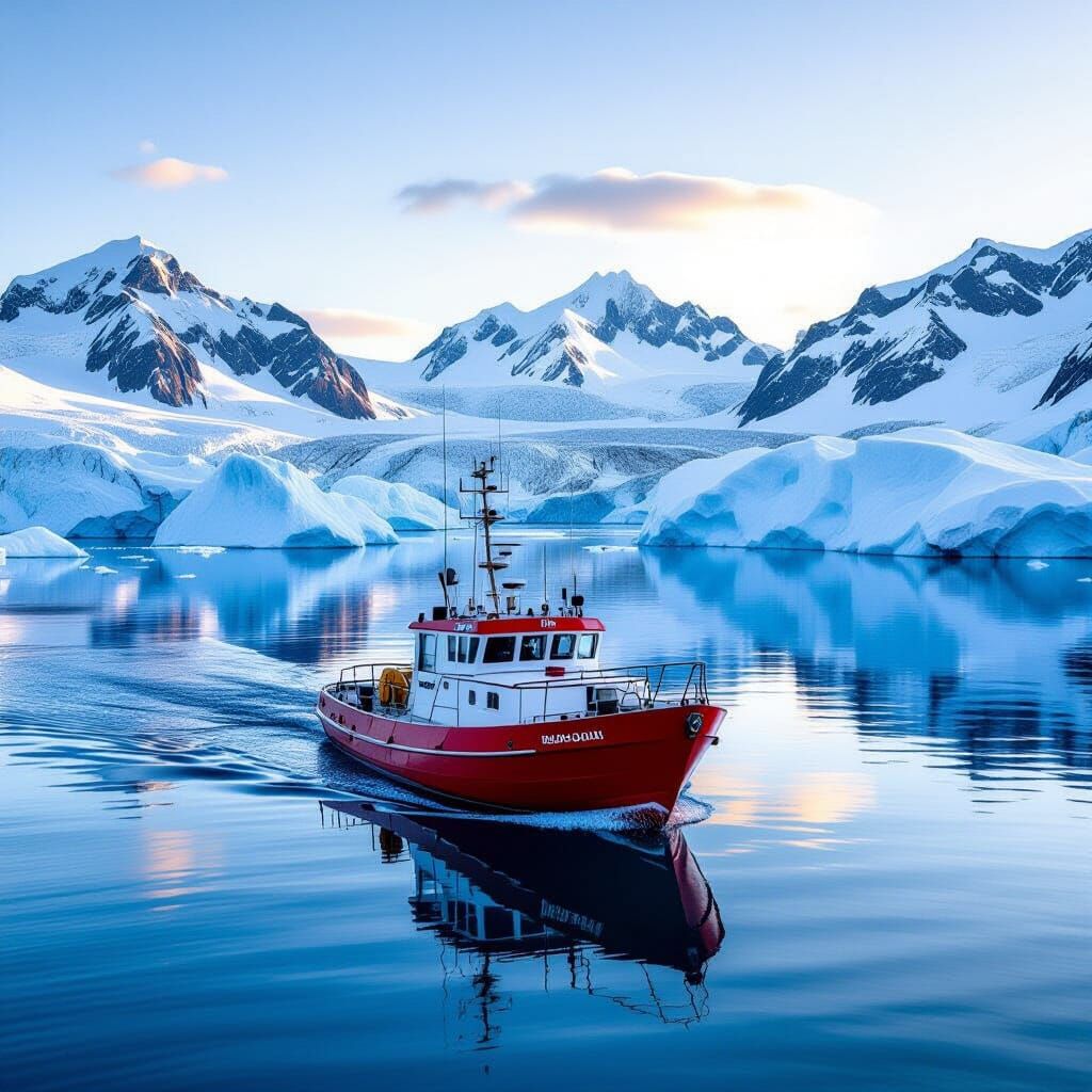 Red Yacht Reflecting Greenland in Arctic Waters