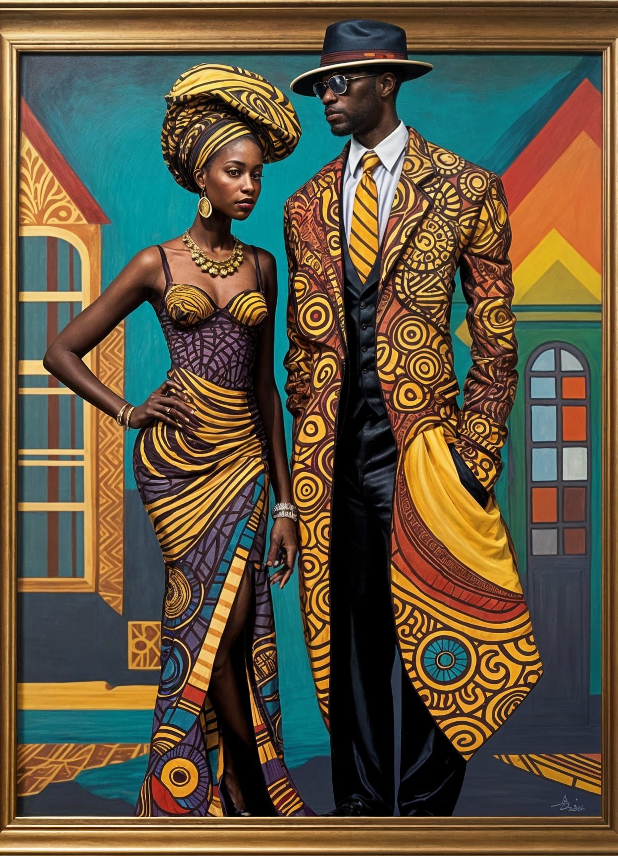 Elegant Couple in Textile Art Style