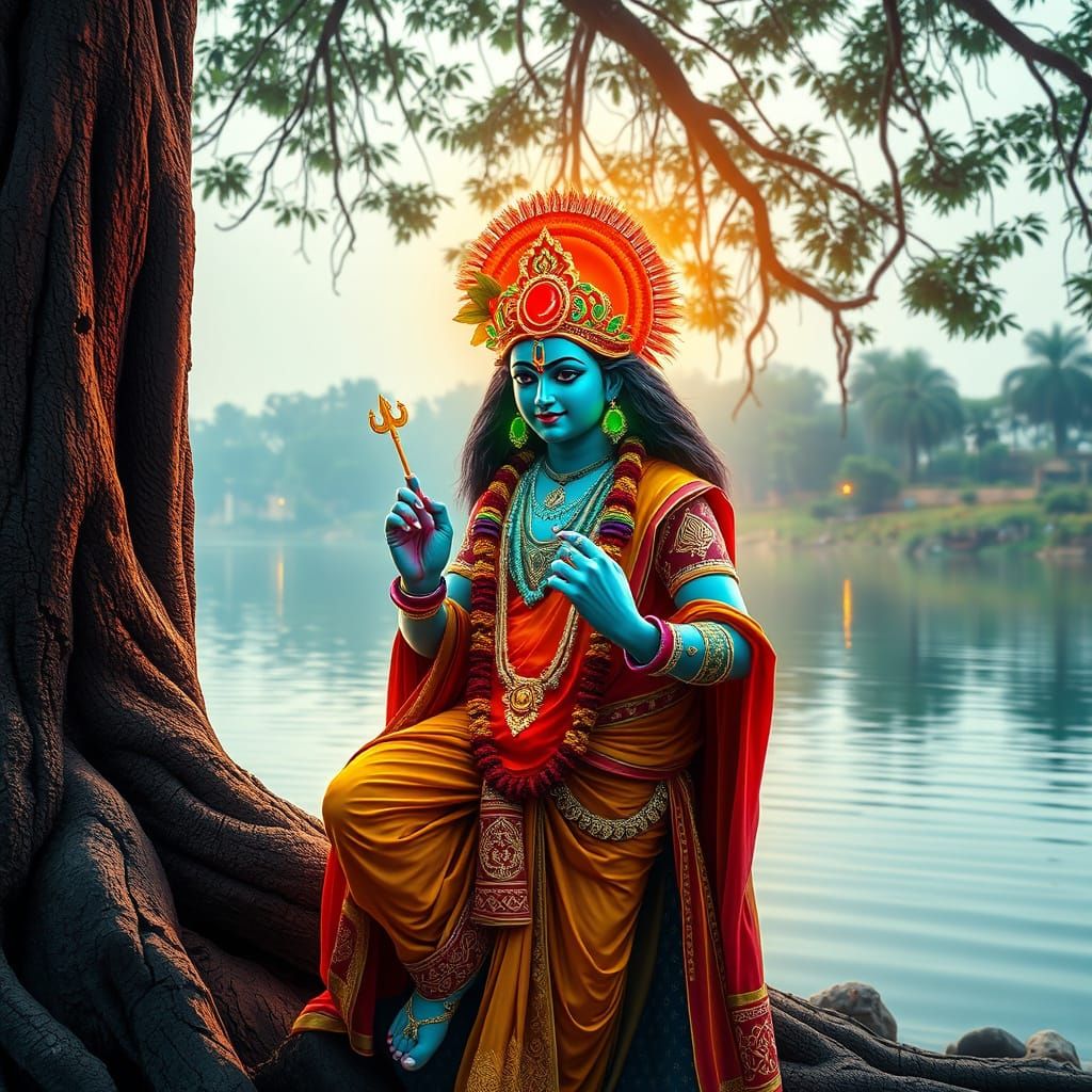 Krishna as Neon Digital Deity on Banyan Tree