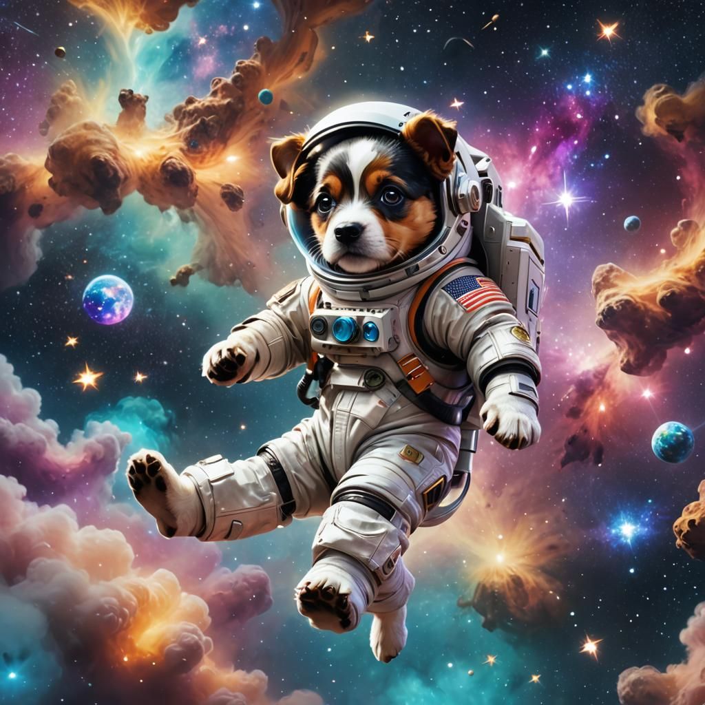 Puppy Astronaut in Dreamlike Space Art