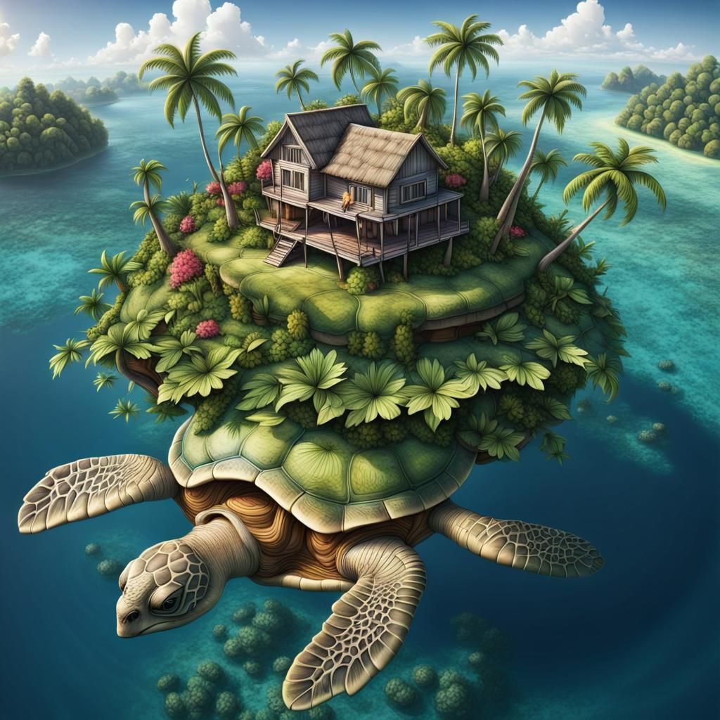 Tropical Island on Giant Turtle: Detailed Fantasy Art