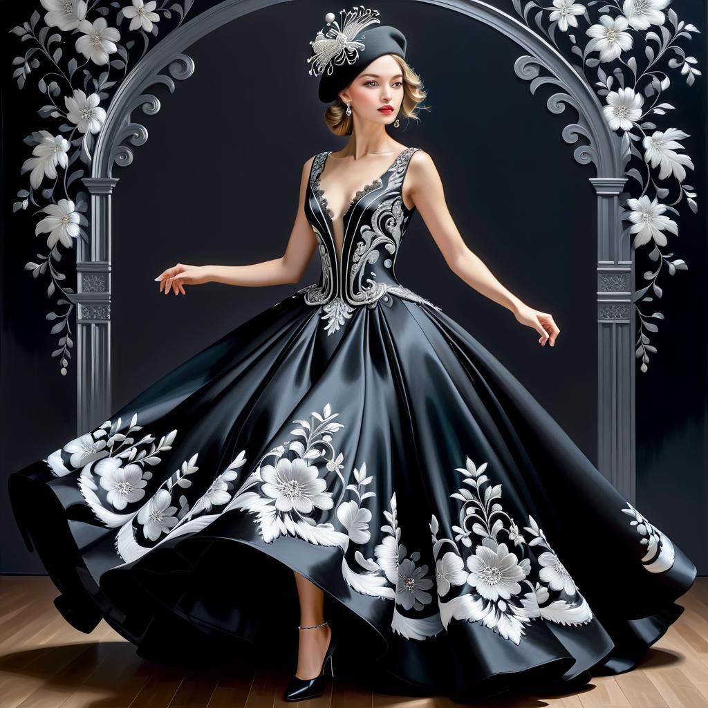 Woman in Black Ball Gown: Vibrant Oil Painting