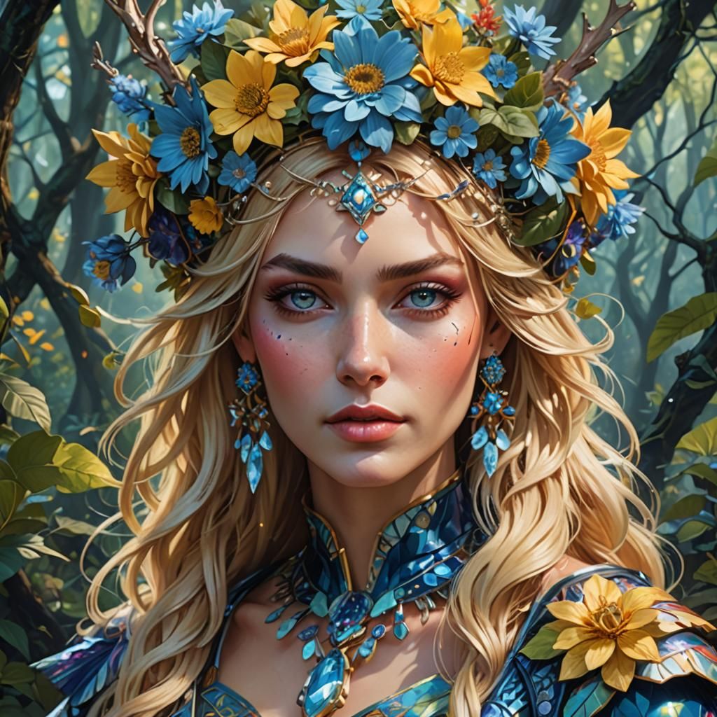 Beautiful Woman in Futuristic Flower Crown: Hyperrealistic P...