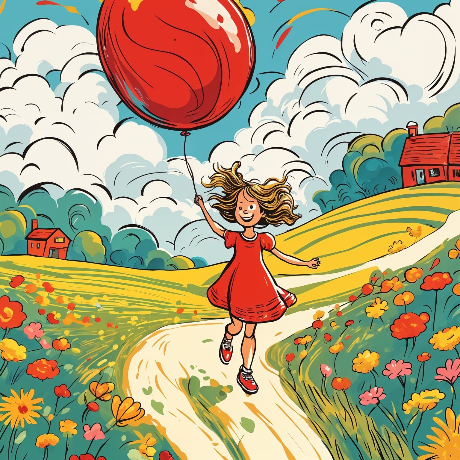 Girl with Red Balloon in Dr. Seuss Style
