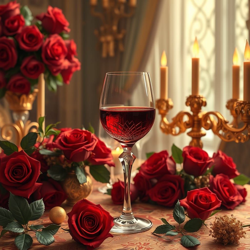 Wine in Crystal Glass, Art Nouveau Style