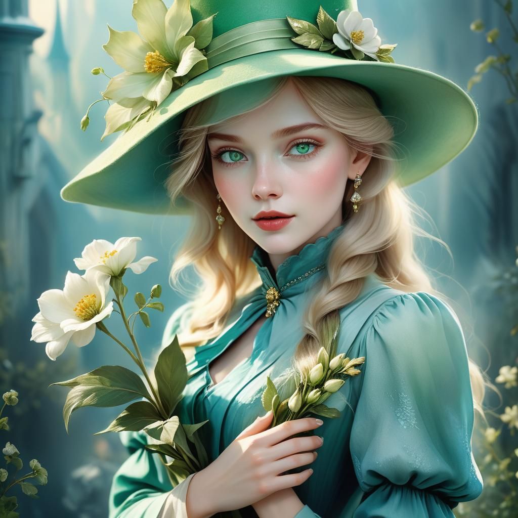 Elegant Lady with Green Hat, Fantasy Art