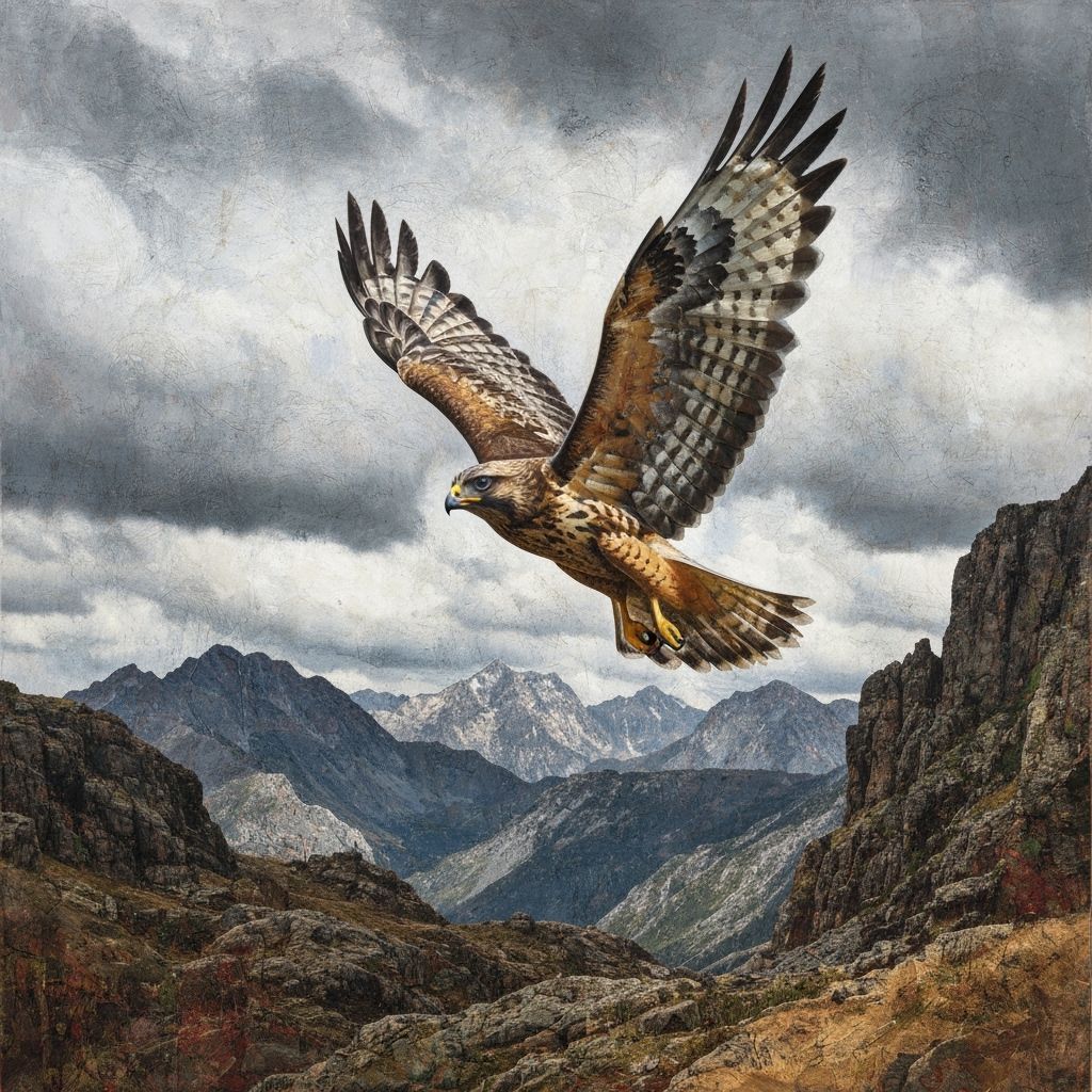 Hawk Soaring Over Mountain Peaks in Mixed Media