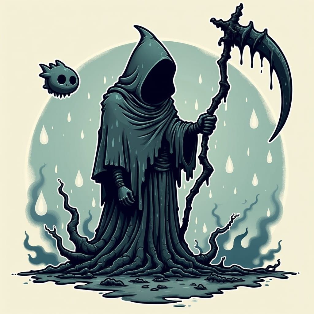 Humorous Grim Reaper in Monochrome Illustration Style