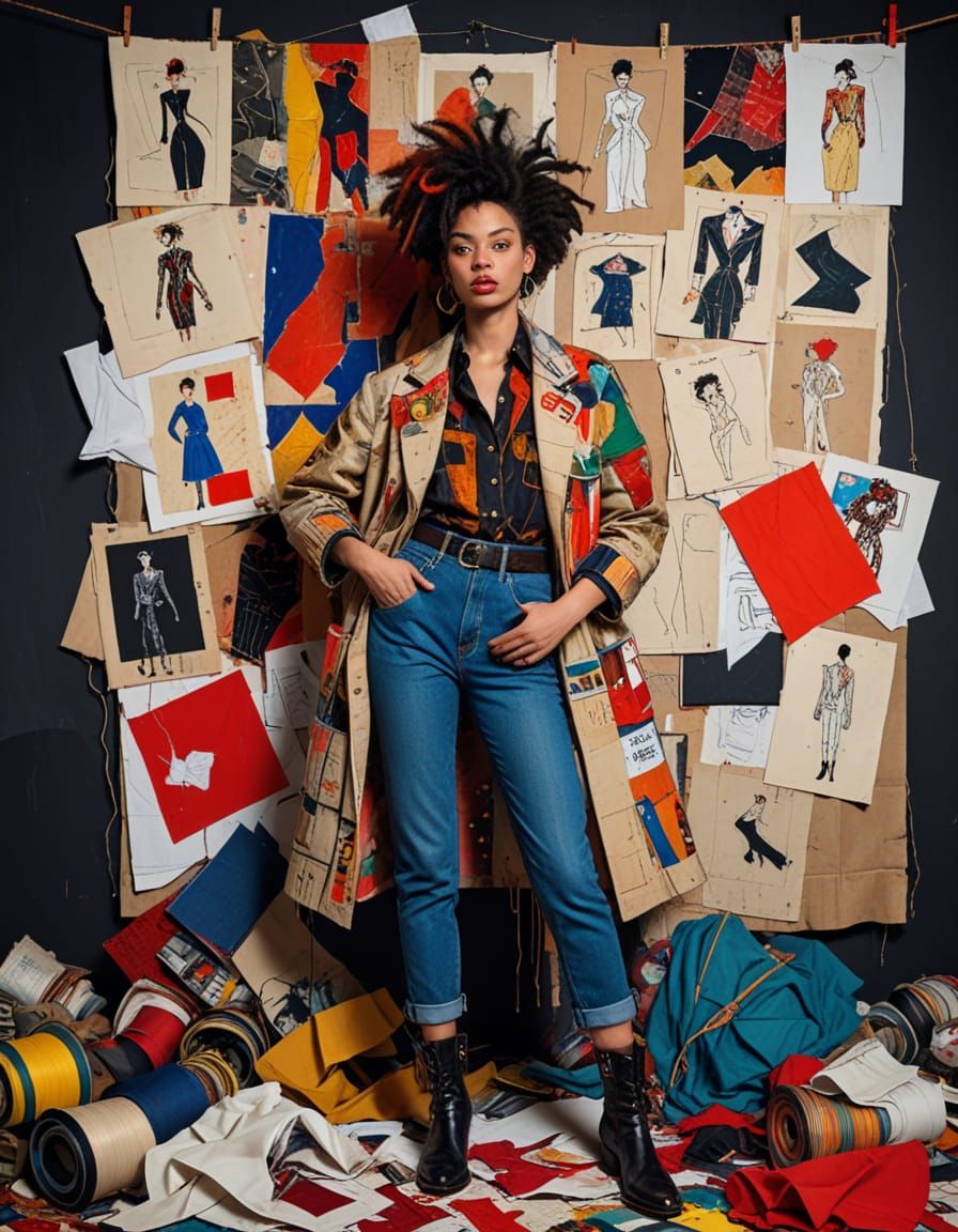 Whimsical fashion studio/ crazy, wild, black fashion designer busy at work, madly trying to create her latest fashion pr...