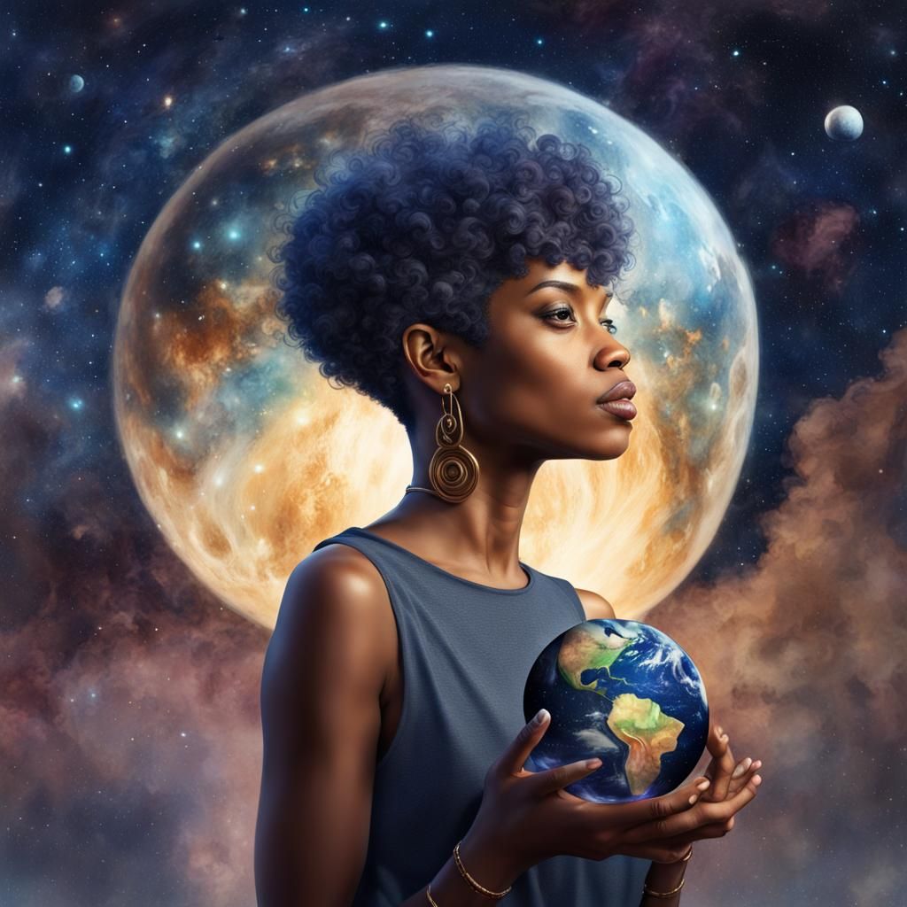 Watercolor Woman with Saturn in Mechanical Brain