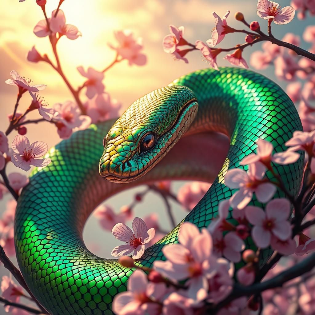 Iridescent Snake Among Cherry Blossoms