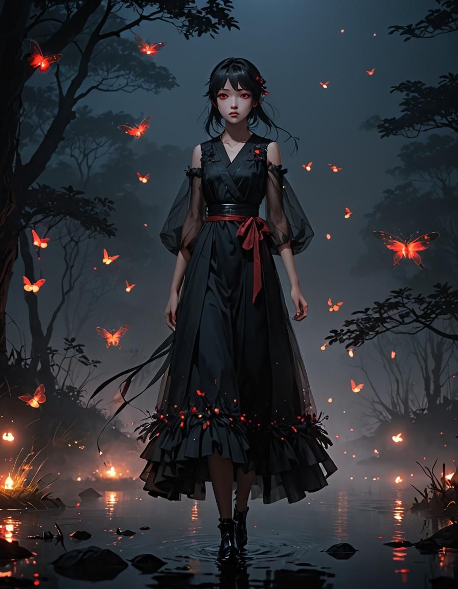 Eerie Anime Figure in Glowing Firefly Dress