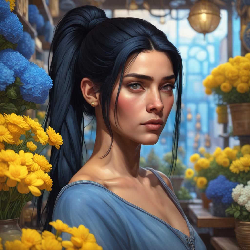 Romani Woman in Flower Shop: Art Nouveau Portrait