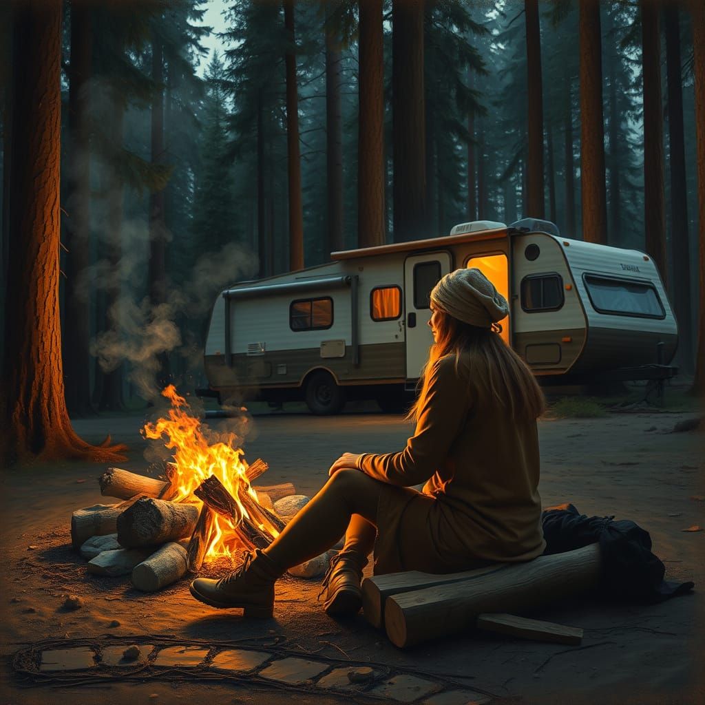 Campfire Scene in Forest, Impressionistic Style