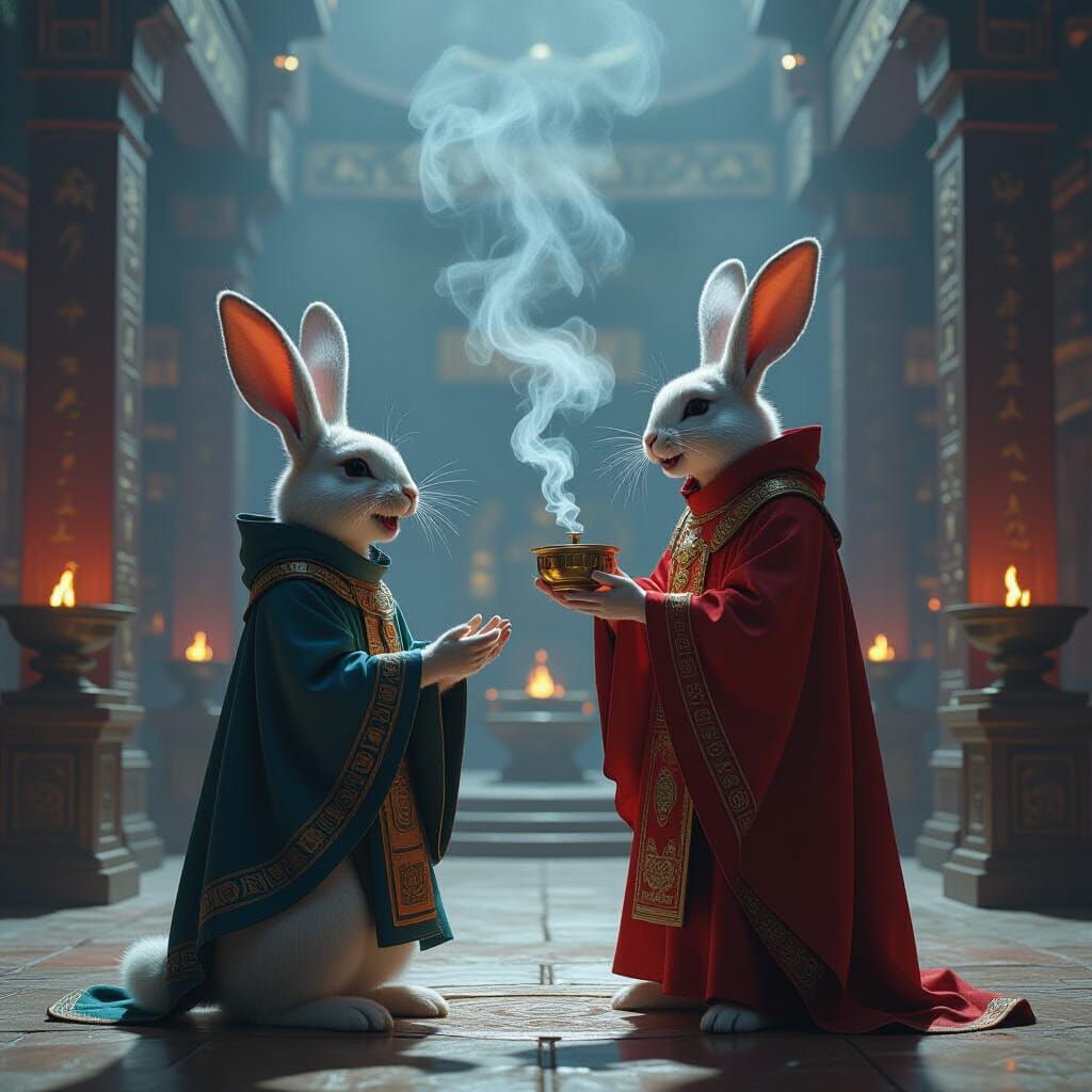 Rabbit, Priest, and Temple in Cyberpunk Style