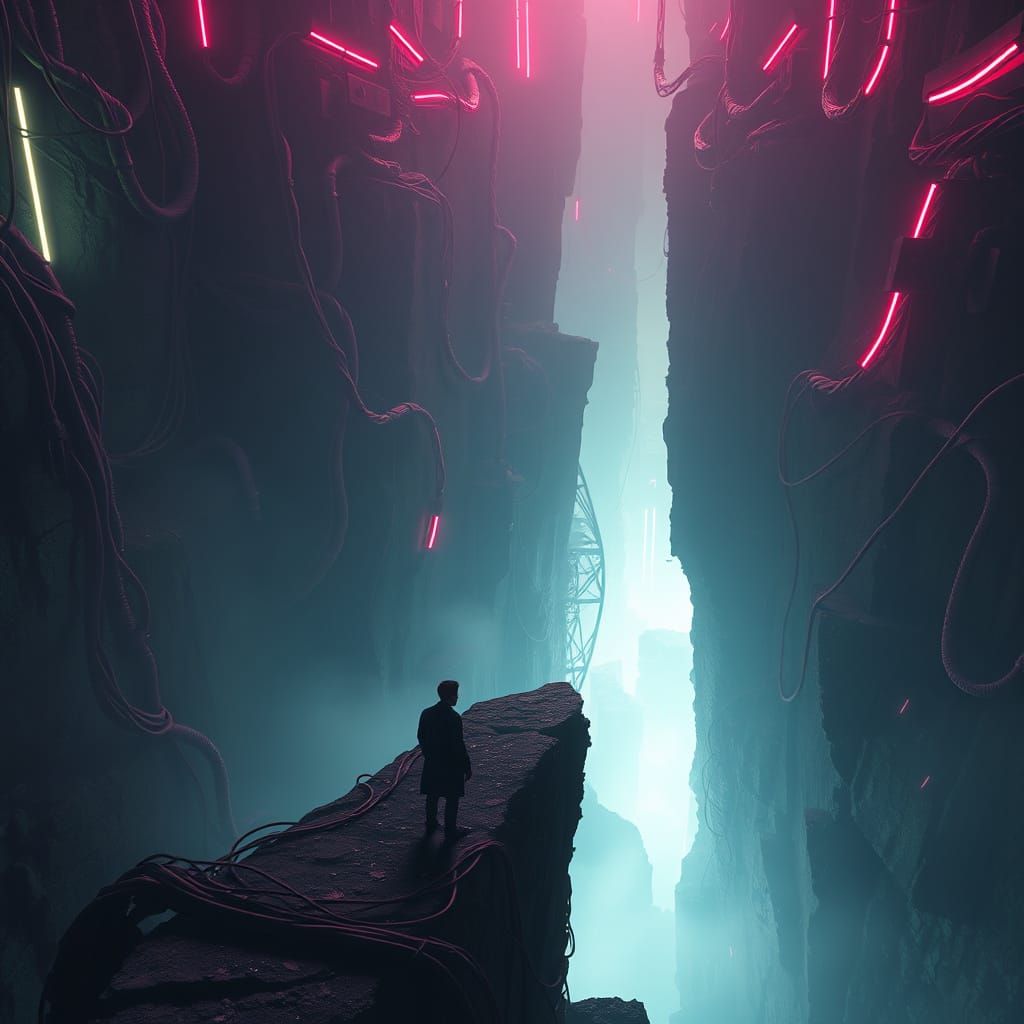 Quantum Abyss: Cyborgpunk Figure in Neon Chasm