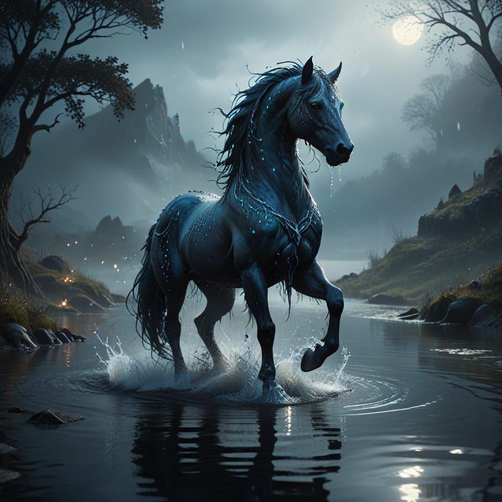 Ethereal Celtic Kelpie Emerges from Fading Lake