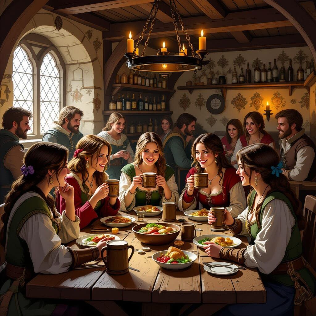 Medieval Tavern Scene: Women Chatting and Dining