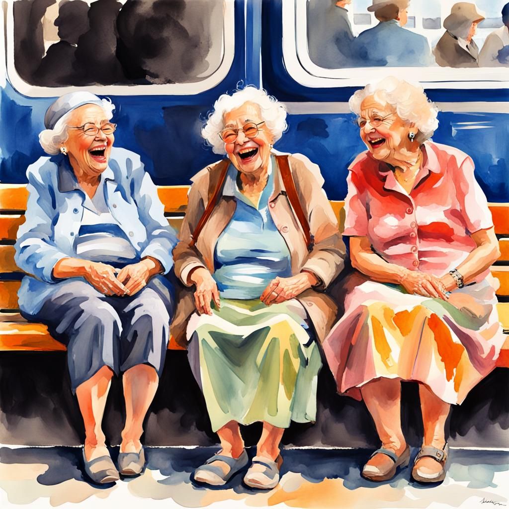 Laughing Ladies at Train Station in Watercolor