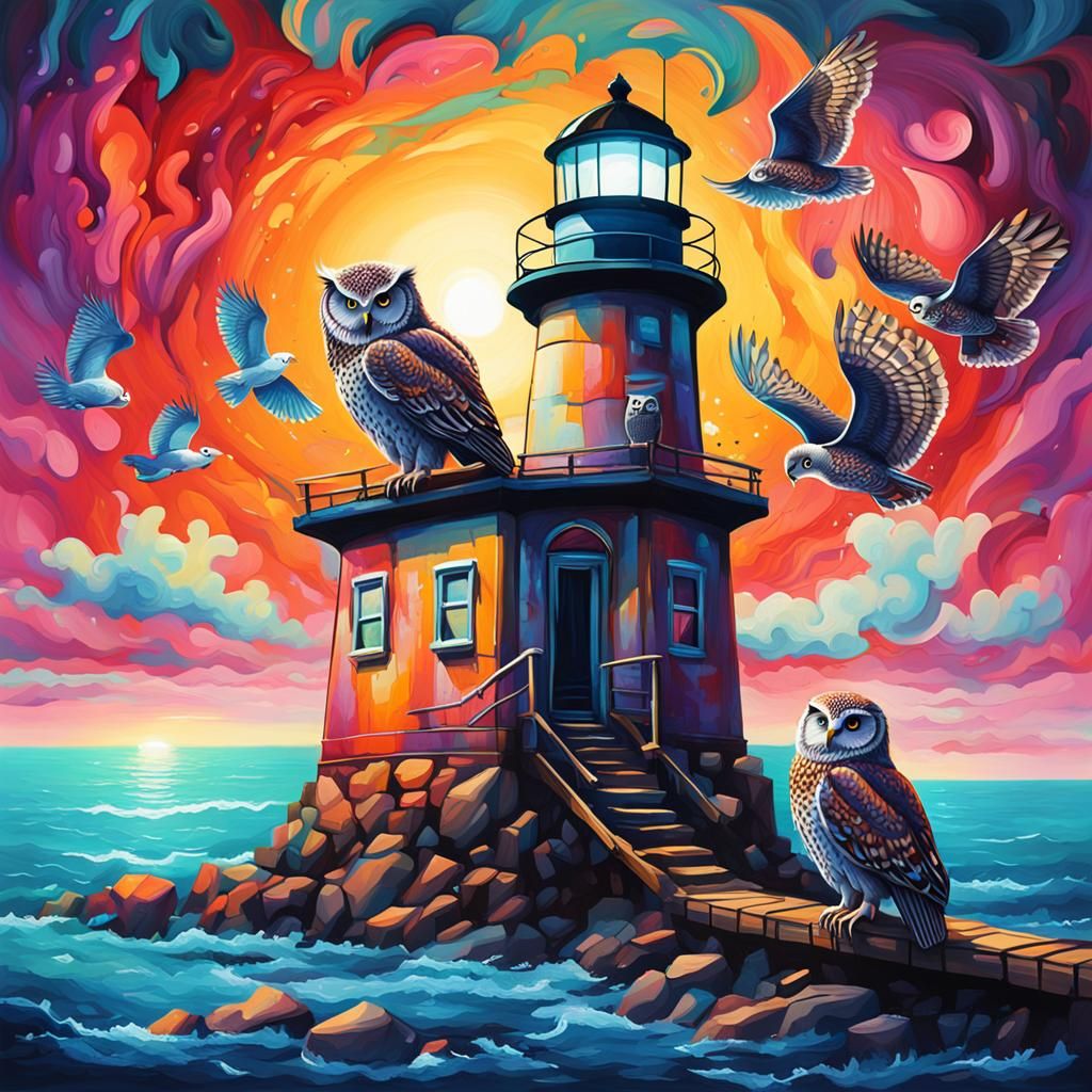 Owls Guarding Lighthouse in Graffiti Art Style