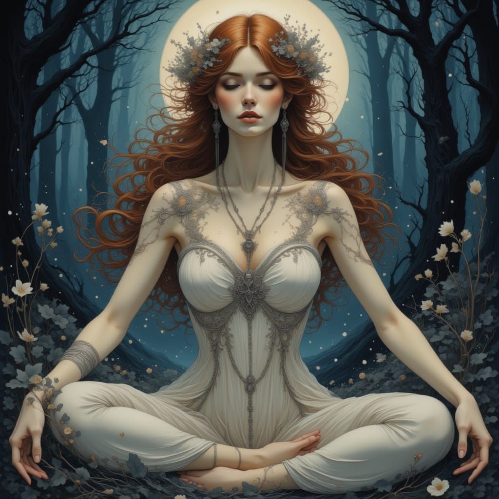 Ethereal Goddess in Moonlit Forest Sanctuary