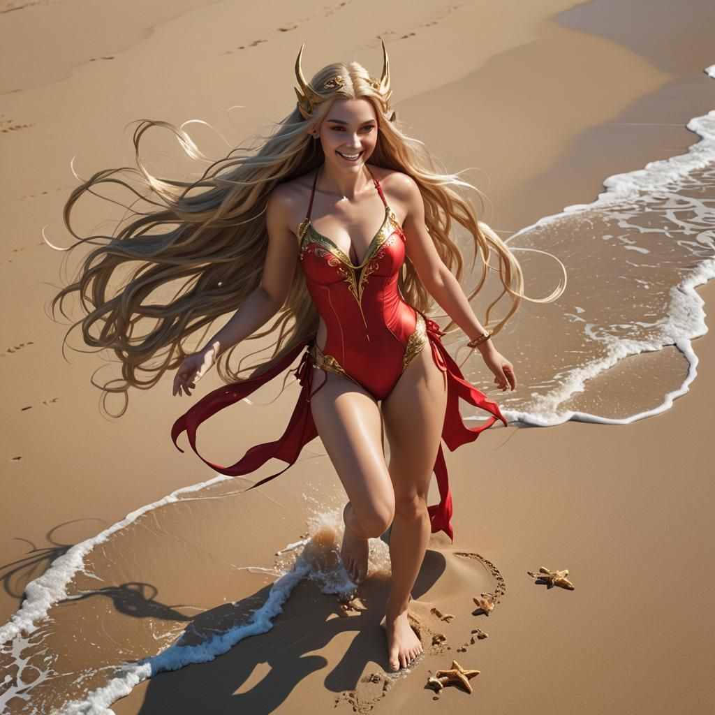 Joyful Elf on Sunny Beach: Vibrant Art Style