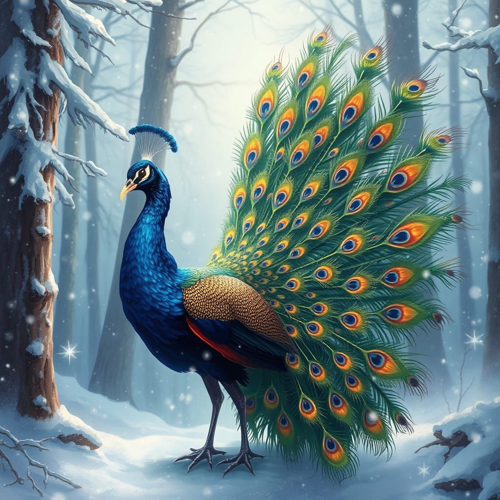 Ethereal Peacock in Majestic Winter Wonderland
