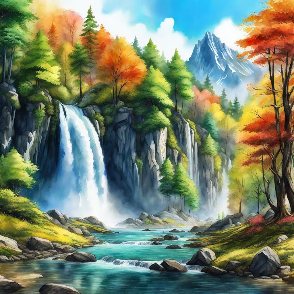 Mountain Waterfall in Watercolor and Ink Painting