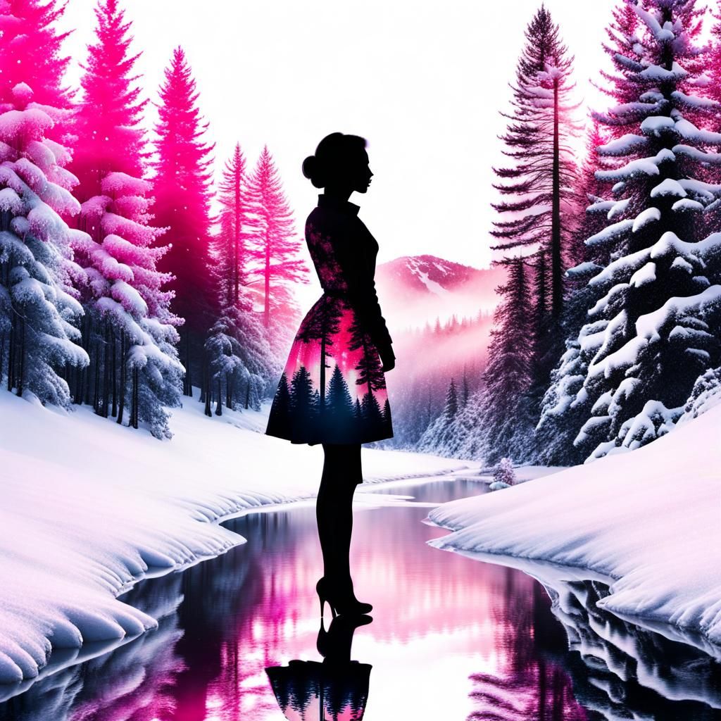 Silhouette of Woman Filled with Winter Scene