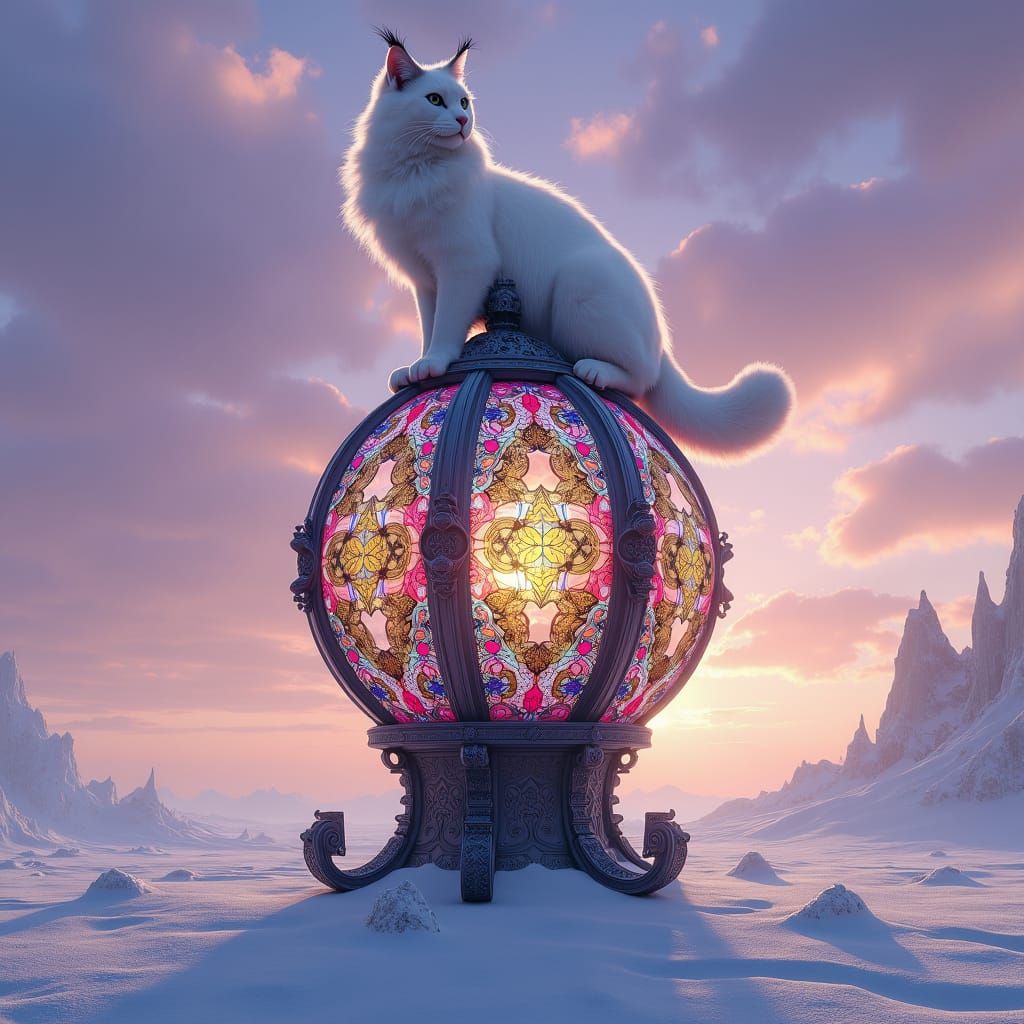 Caracal on Stained Glass Lantern in Wasteland