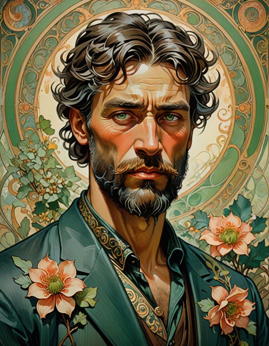 Angry Muscular Man Portrait in Art Nouveau Style