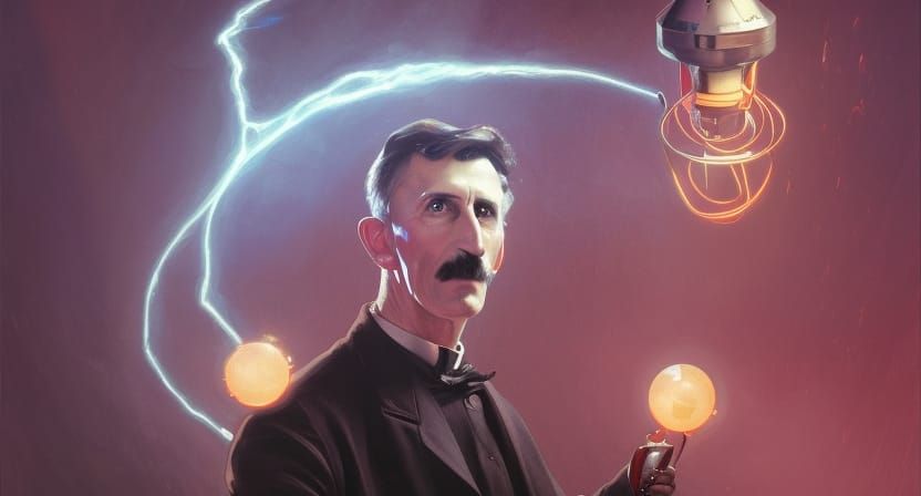 Nikola Tesla and Tesla Coil Portrait in Art Nouveau Style