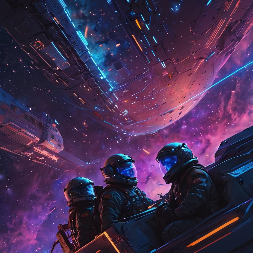 Space Travelers Gazing at Glowing Nebula: Digital Concept Ar...